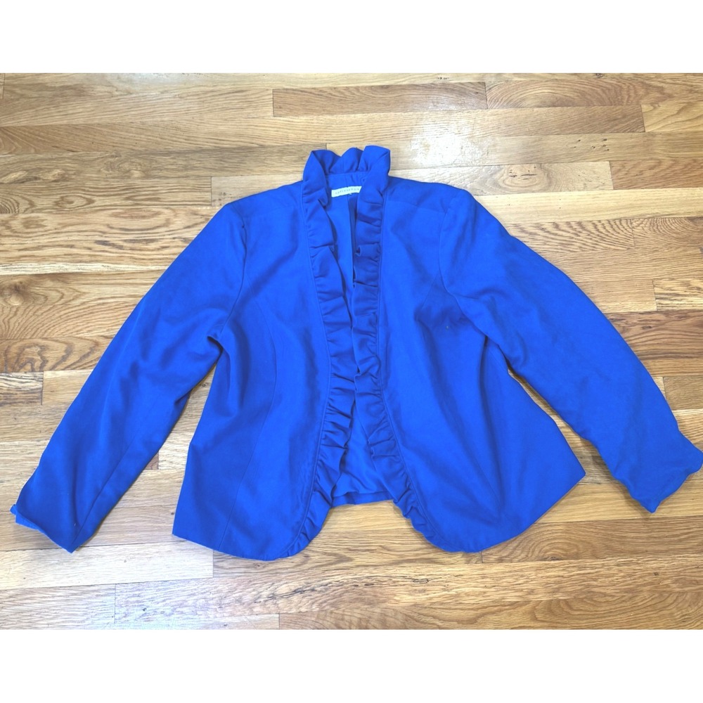 Appleseeds Womens Royal Blue Ruffle Trim Open Front Blazer Jacket Cobalt